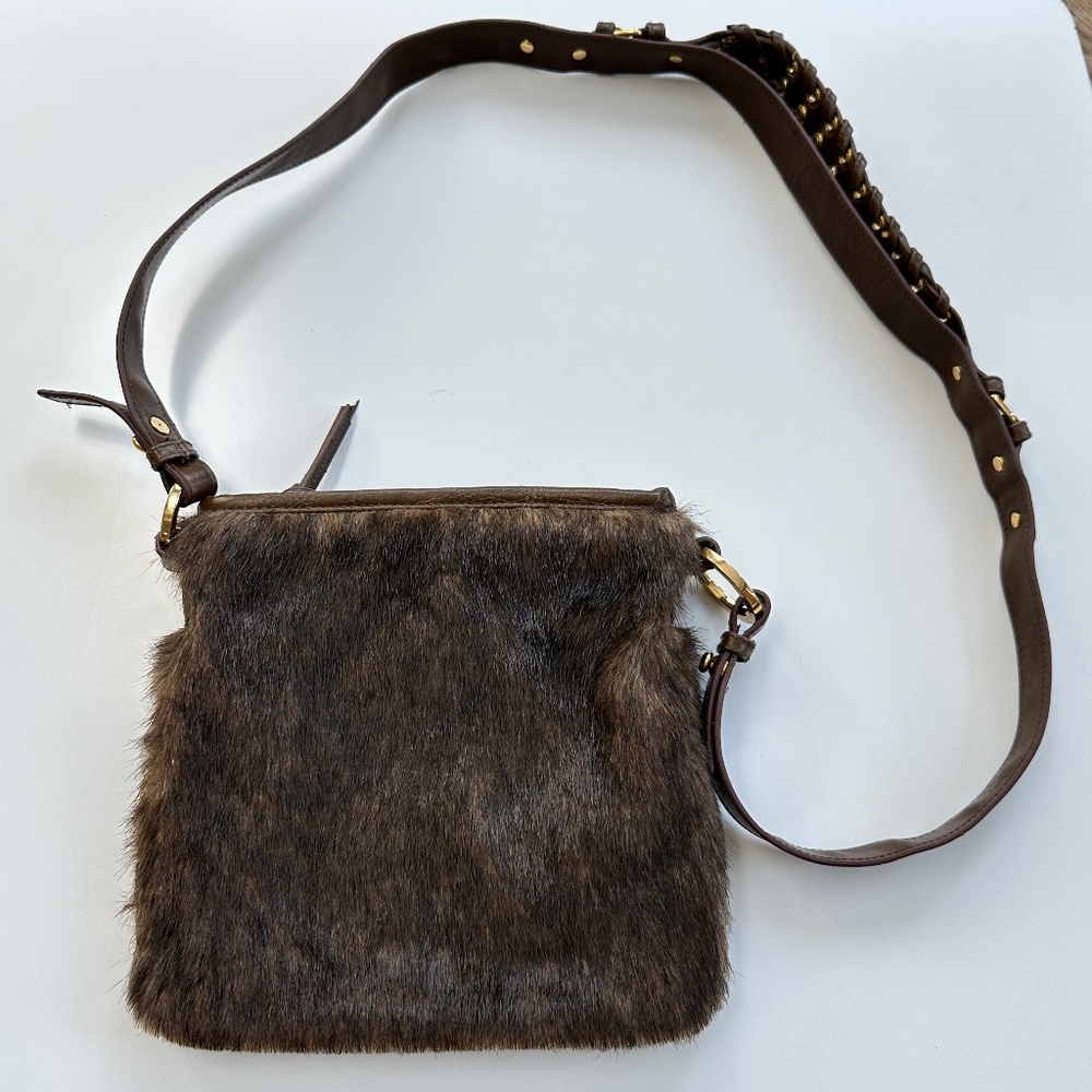 Vtg Tianni Faux Fur Handbag Brown Crossbody Bag Leather Studded Strap Festival‎